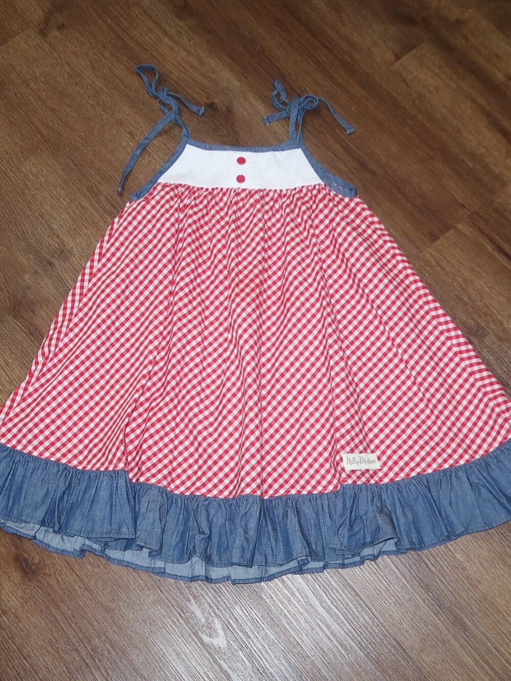 Girls Nelly Madison Red White Blue Denim A-line Gingham Ruffle Swing Dress 7/8
